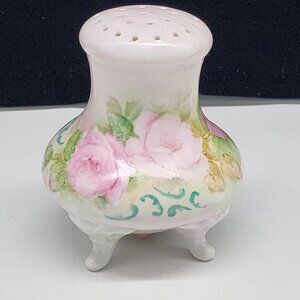 Antique Hand Painted Rose Design Porcelain Footed Sugar Shaker Signed 4.75"